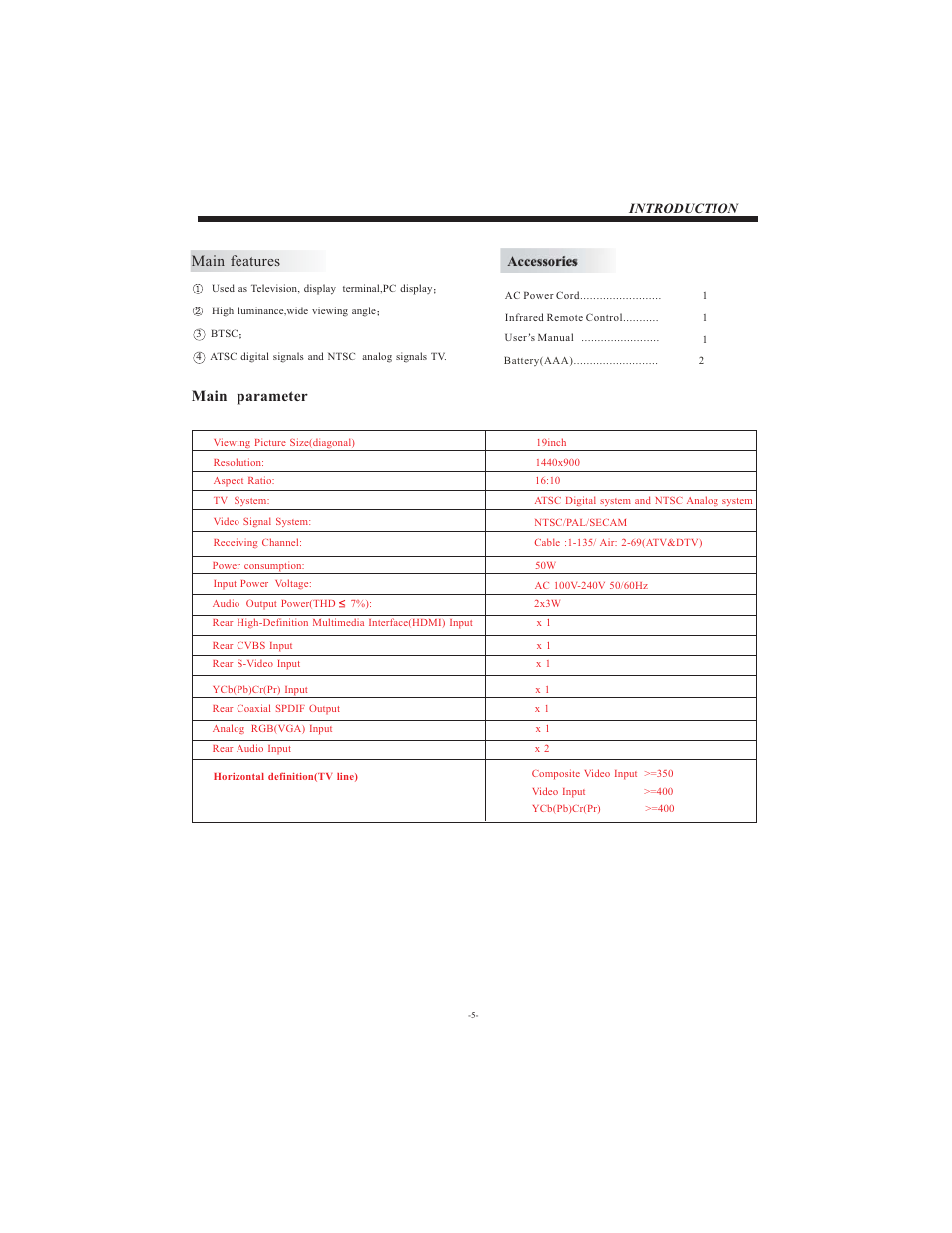 Main features, Main parameter, Introduction | Accessories | Curtis LCDVD194A User Manual | Page 6 / 26