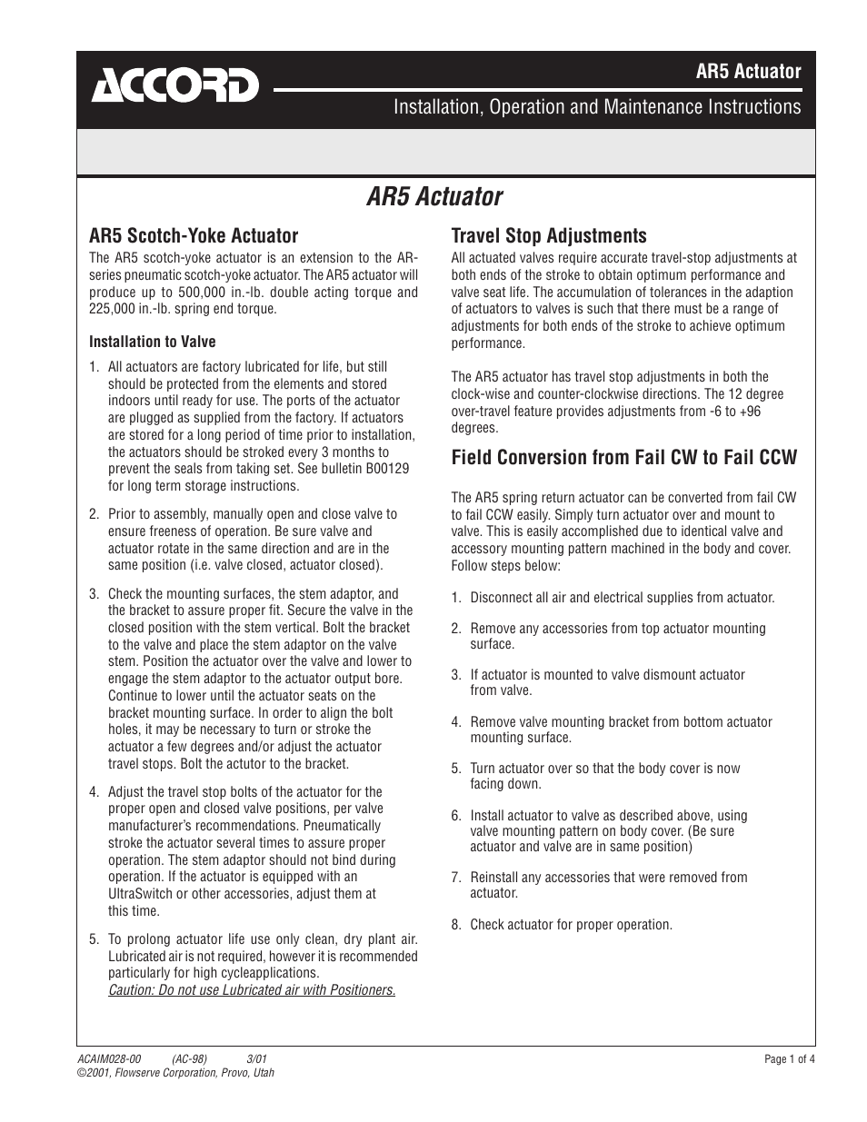 Flowserve AR5 Actuator User Manual | 4 pages