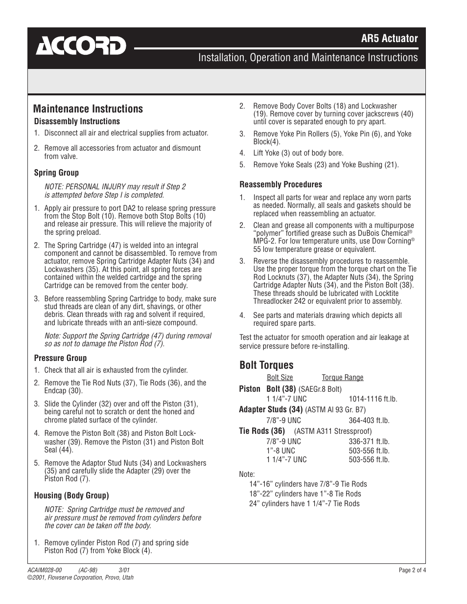 Bolt torques, Maintenance instructions | Flowserve AR5 Actuator User Manual | Page 2 / 4