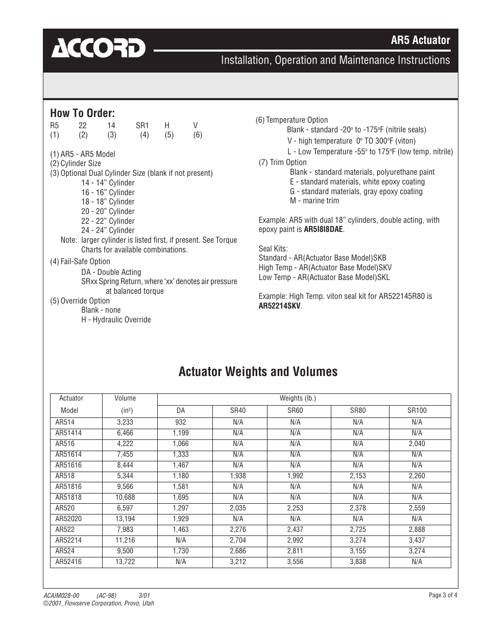 Actuator weights and volumes, How to order | Flowserve AR5 Actuator User Manual | Page 3 / 4