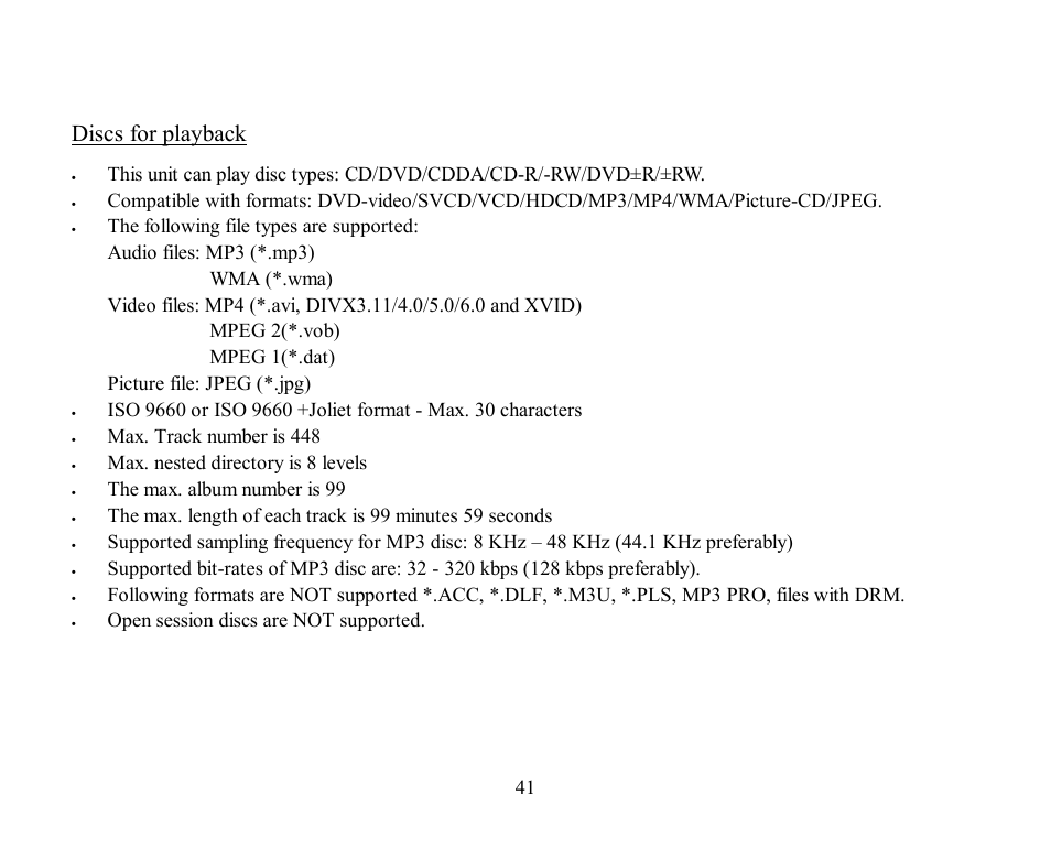 Discs for playback, Max. track number is 448, Max. nested directory is 8 levels | The max. album number is 99, Open session discs are not supported | Hyundai H-CMD2002 User Manual | Page 41 / 146