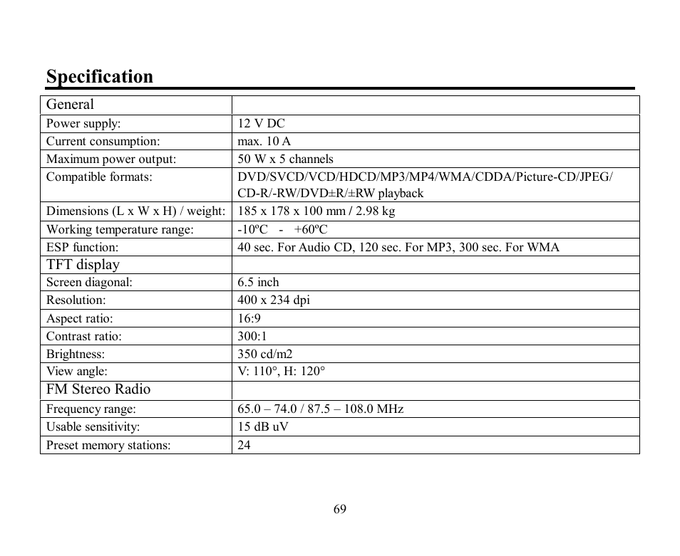 Specification | Hyundai H-CMD2002 User Manual | Page 69 / 146