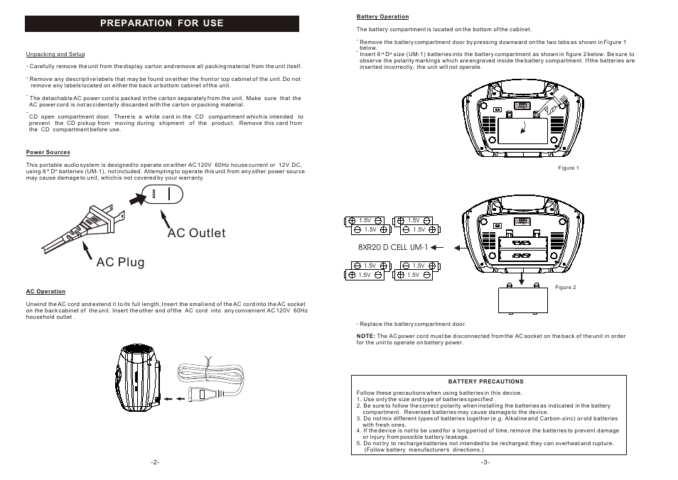Ac plug ac outlet, Preparation for use | Curtis RCD 310 User Manual | Page 2 / 7