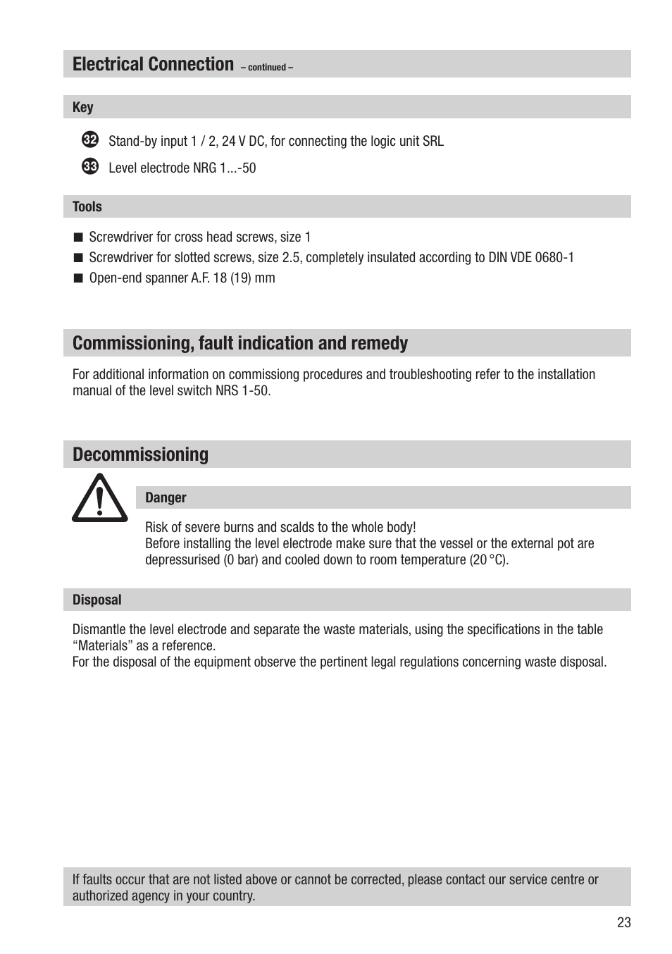 Commissioning, fault indication and remedy, Electrical connection, Decommissioning | Flowserve NRG 16-50 User Manual | Page 23 / 24