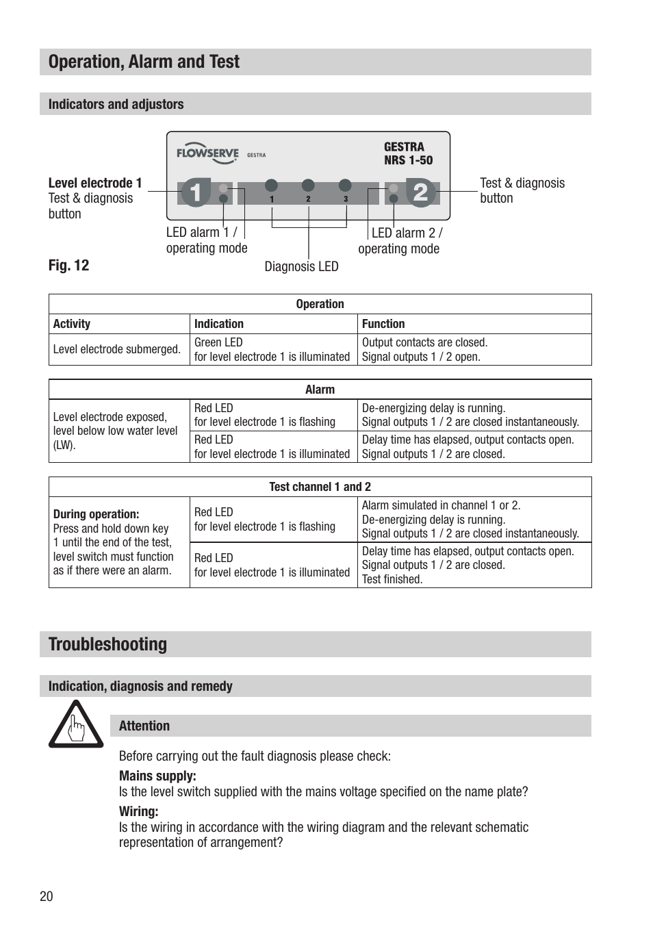 Operation, alarm and test, Troubleshooting | Flowserve NRS 1-50 For ONE Electrode User Manual | Page 20 / 24