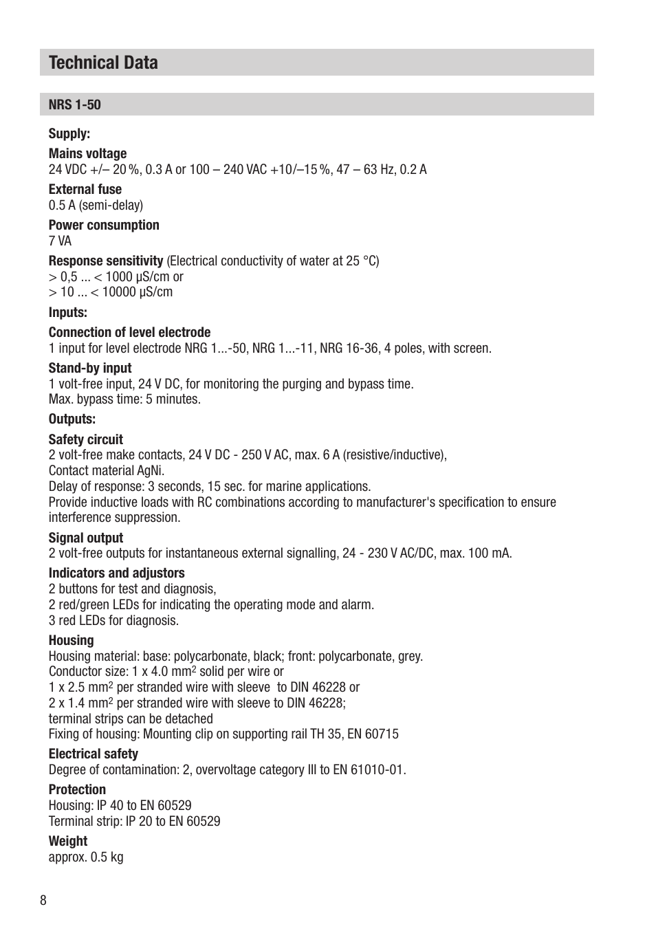 Technical data | Flowserve NRS 1-50 For ONE Electrode User Manual | Page 8 / 24