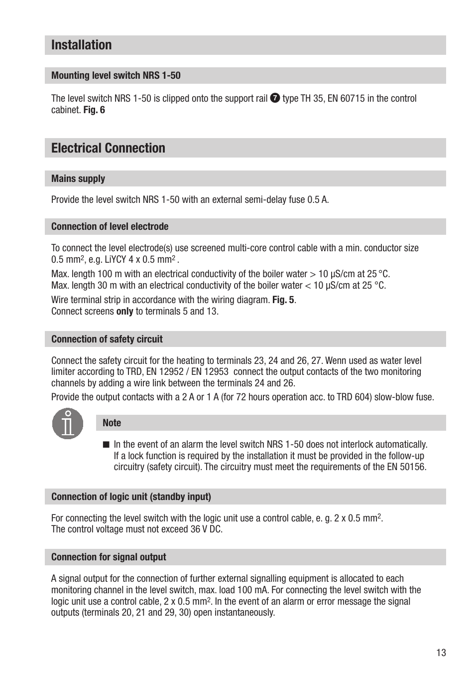 Electrical connection, Installation | Flowserve NRS 1-50 For TWO Electrodes User Manual | Page 13 / 28