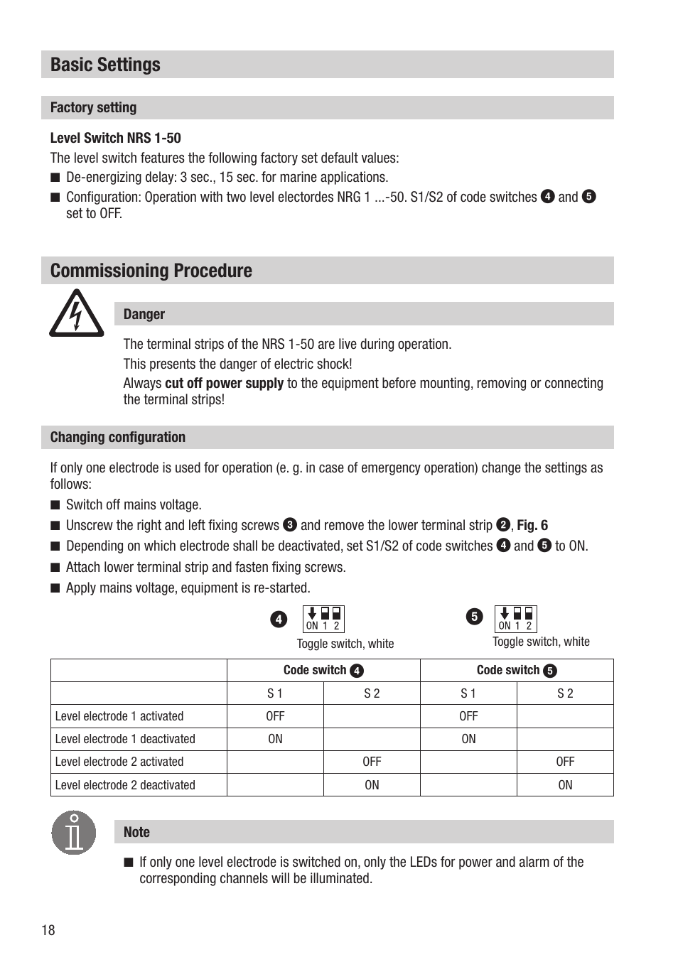 Commissioning procedure, Basic settings | Flowserve NRS 1-50 For TWO Electrodes User Manual | Page 18 / 28