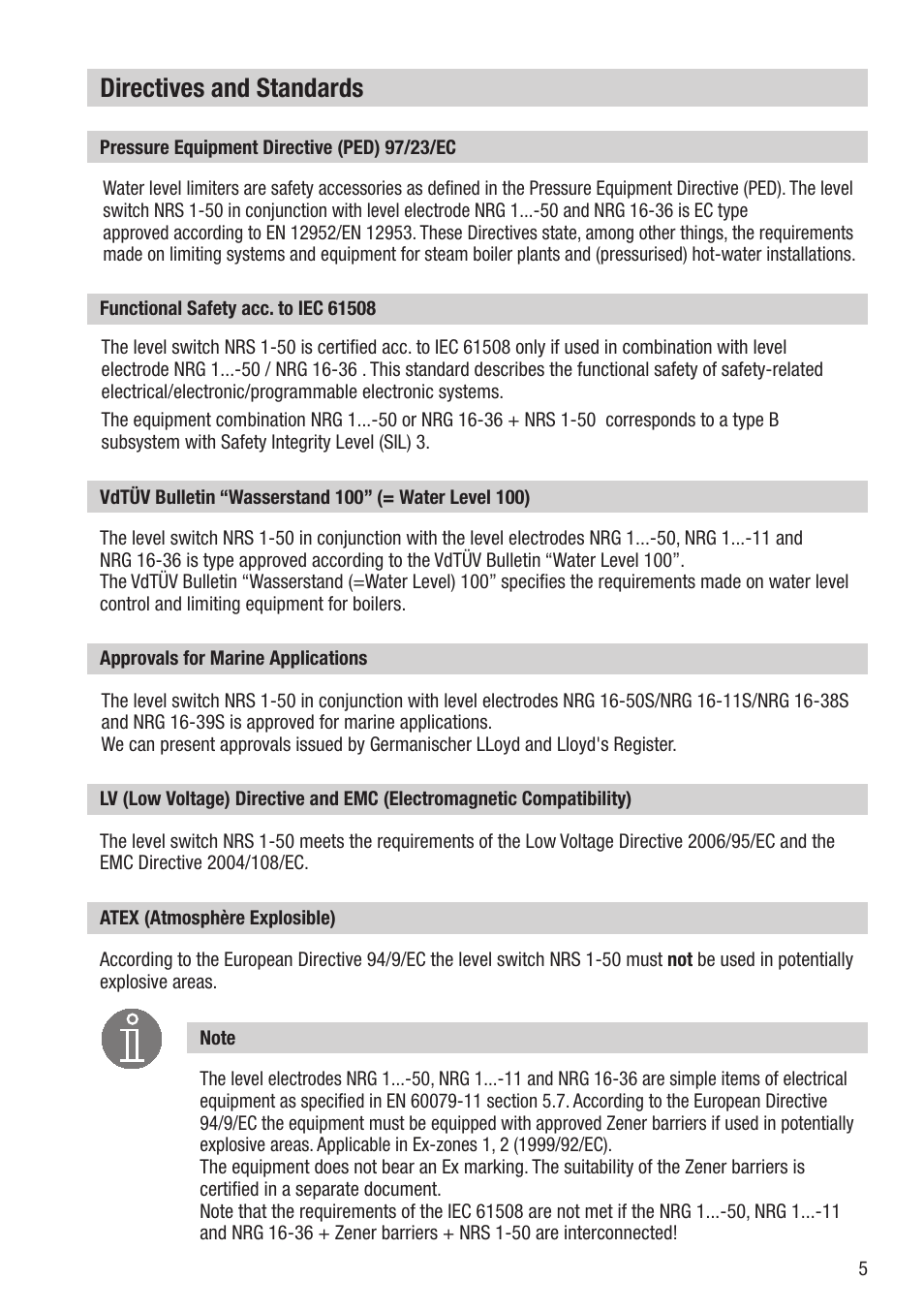 Directives and standards | Flowserve NRS 1-50 For TWO Electrodes User Manual | Page 5 / 28