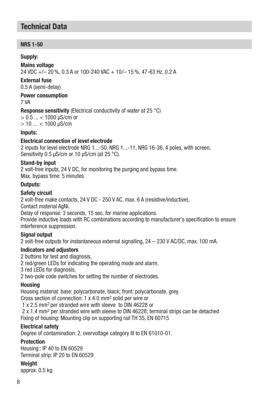 Technical data | Flowserve NRS 1-50 For TWO Electrodes User Manual | Page 8 / 28