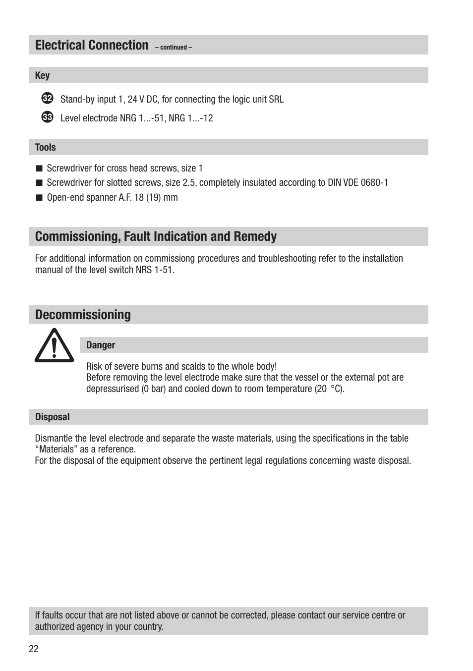 Electrical connection, Commissioning, fault indication and remedy, Decommissioning | Flowserve NRG 16-51 User Manual | Page 22 / 24