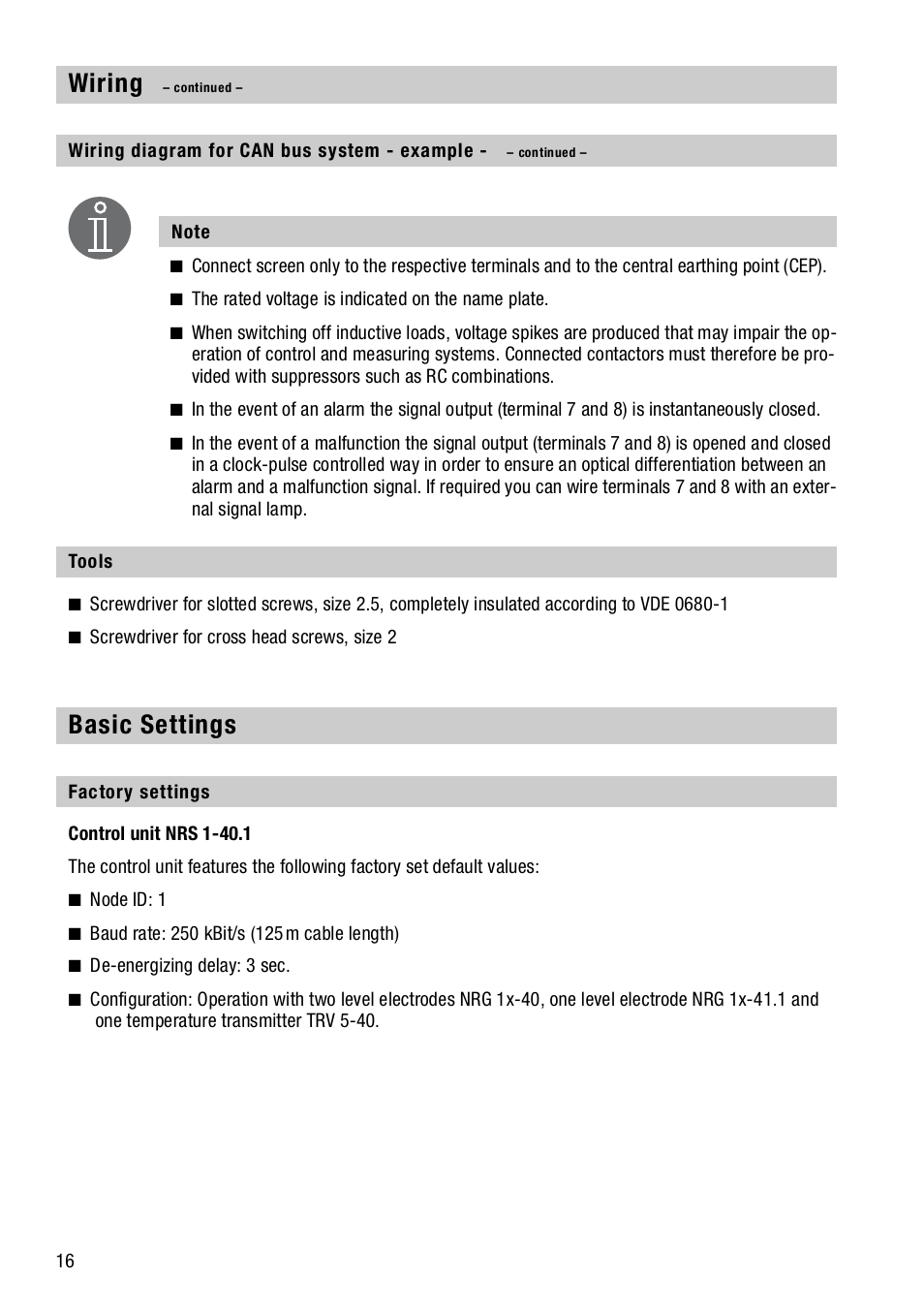 Tools, Basic settings, Factory settings | 16 a, Wiring | Flowserve NRS1-40.1 User Manual | Page 16 / 34