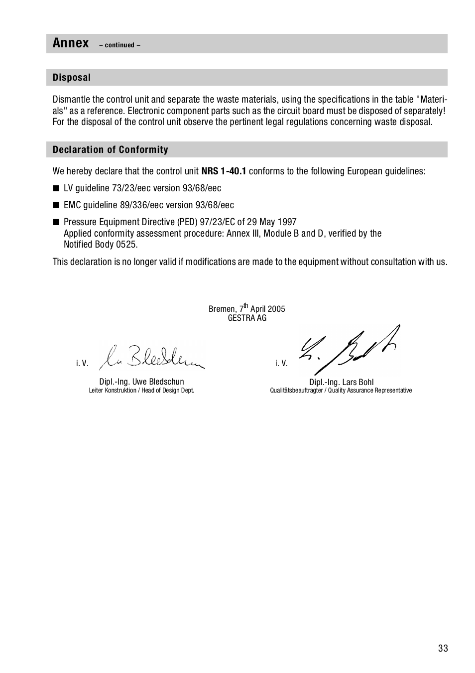 Disposal, Declaration of conformity, Disposal declaration of conformity | Annex | Flowserve NRS1-40.1 User Manual | Page 33 / 34