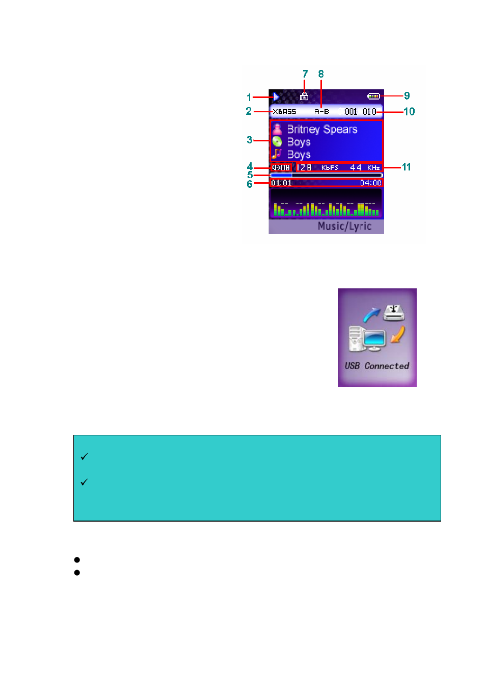 Screen display, Transfer data to and from the mp3 player, Turn on/off the player | Curtis MPK2050 User Manual | Page 5 / 18