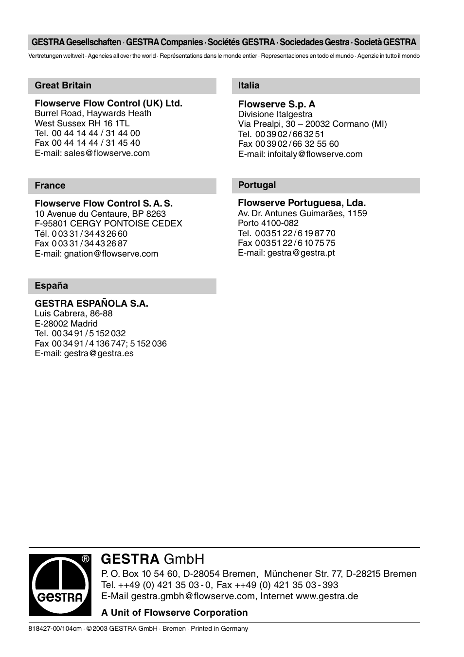 Gestra gmbh | Flowserve VPK10 User Manual | Page 12 / 12