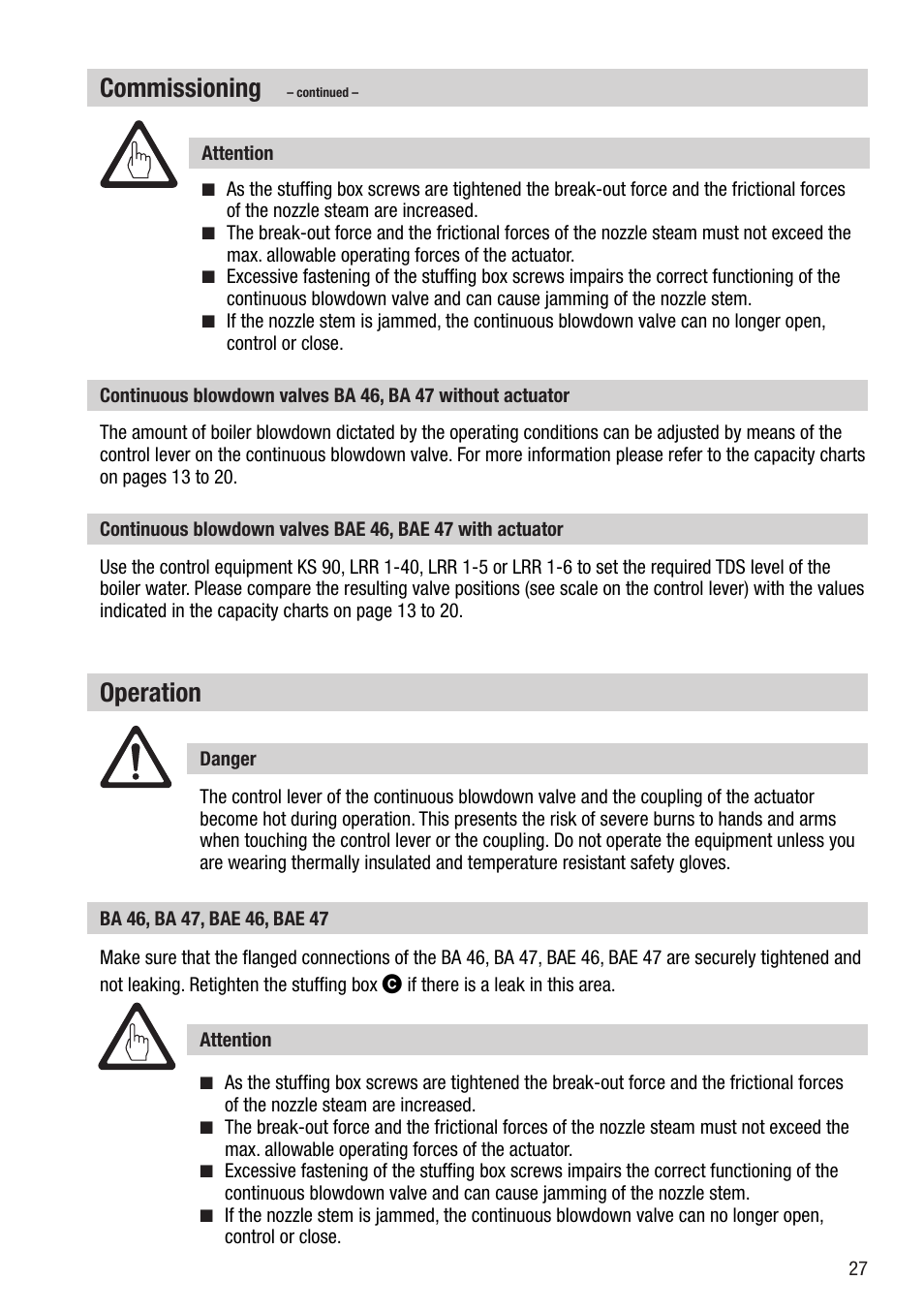 Commissioning, Operation | Flowserve BA46 User Manual | Page 27 / 36