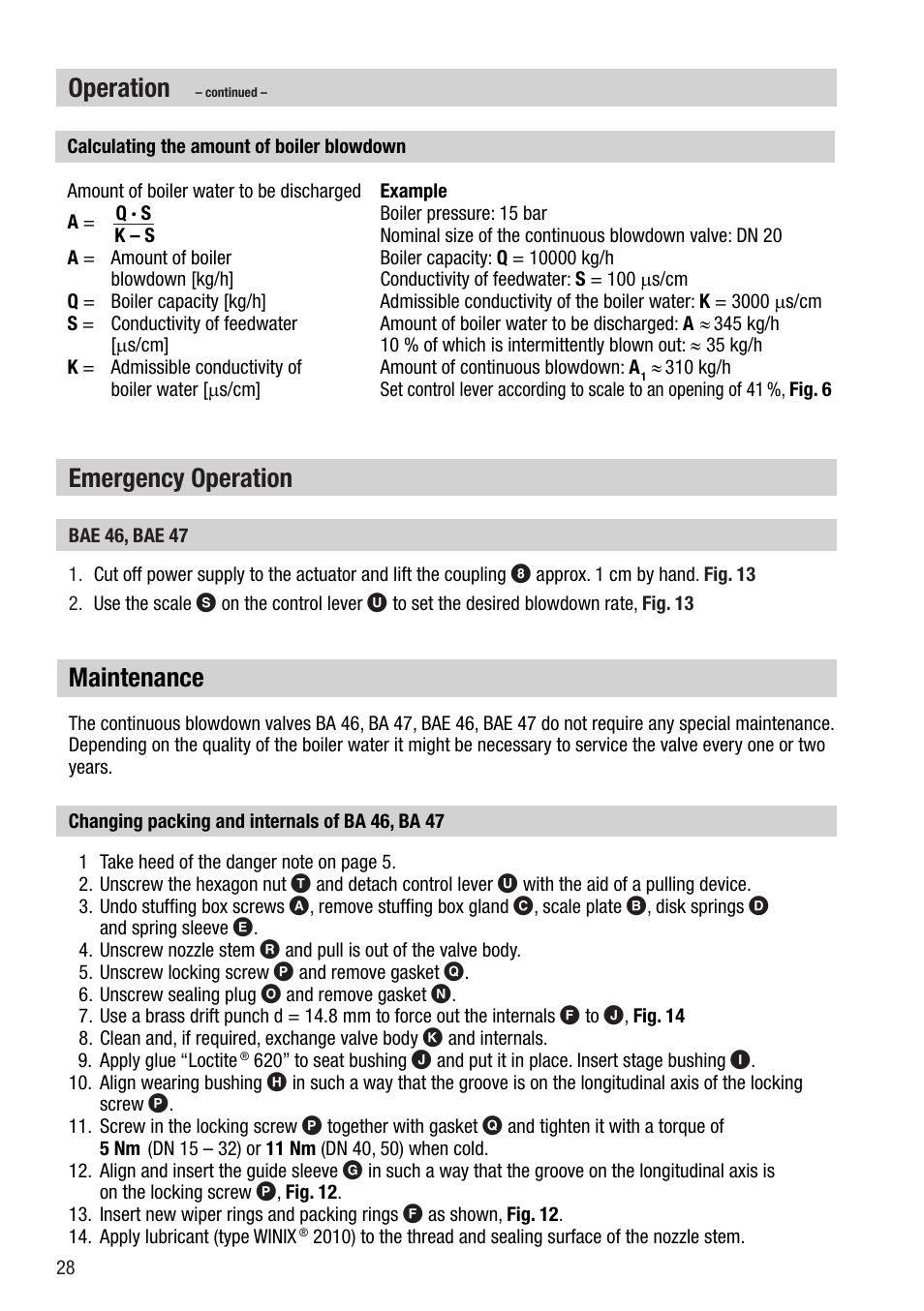 Operation, Emergency operation, Maintenance | Flowserve BA46 User Manual | Page 28 / 36