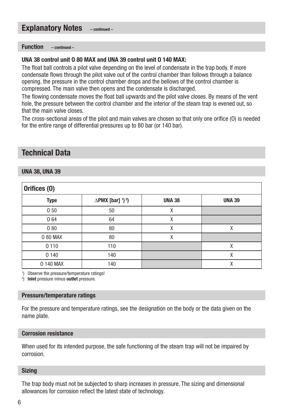 Technical data, Orifices (o) | Flowserve UNA 38 User Manual | Page 6 / 20