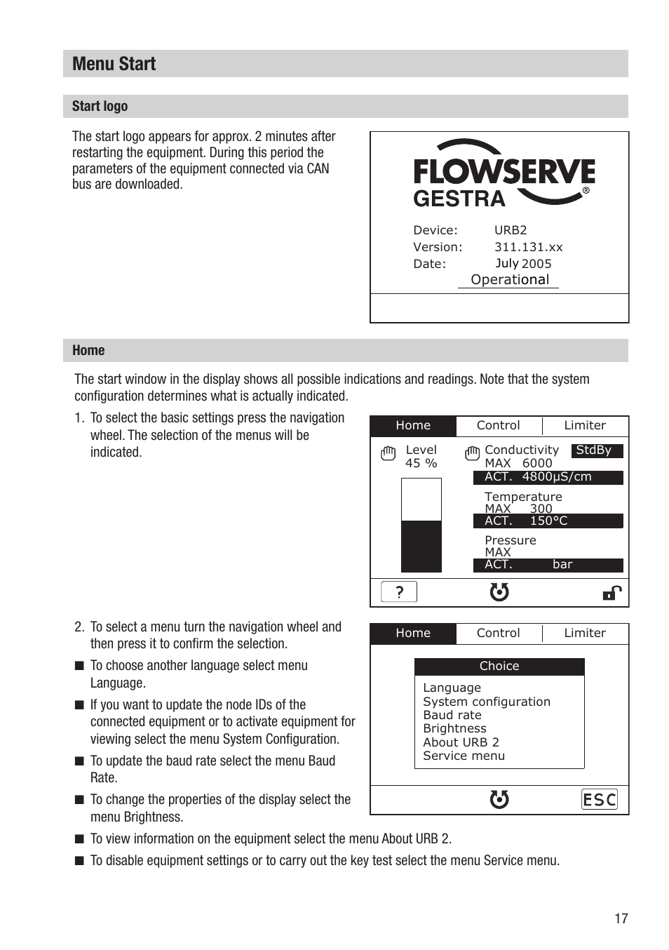 Gestra, Menu start | Flowserve URB 2 User Manual | Page 17 / 48