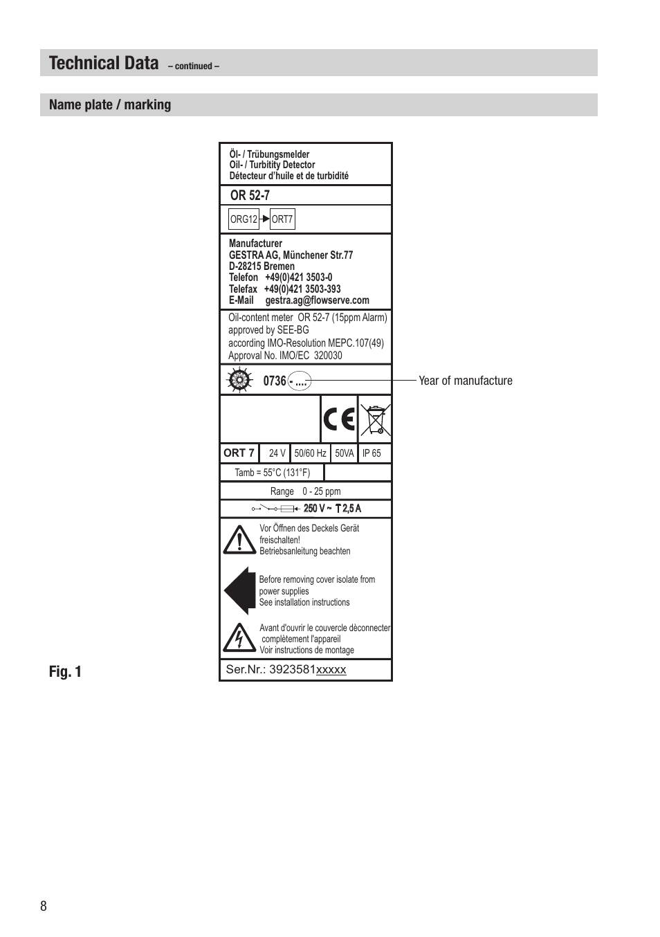 Technical data, Fig. 1, Name plate / marking | Or 52-7 | Flowserve OR 52-7 User Manual | Page 8 / 40