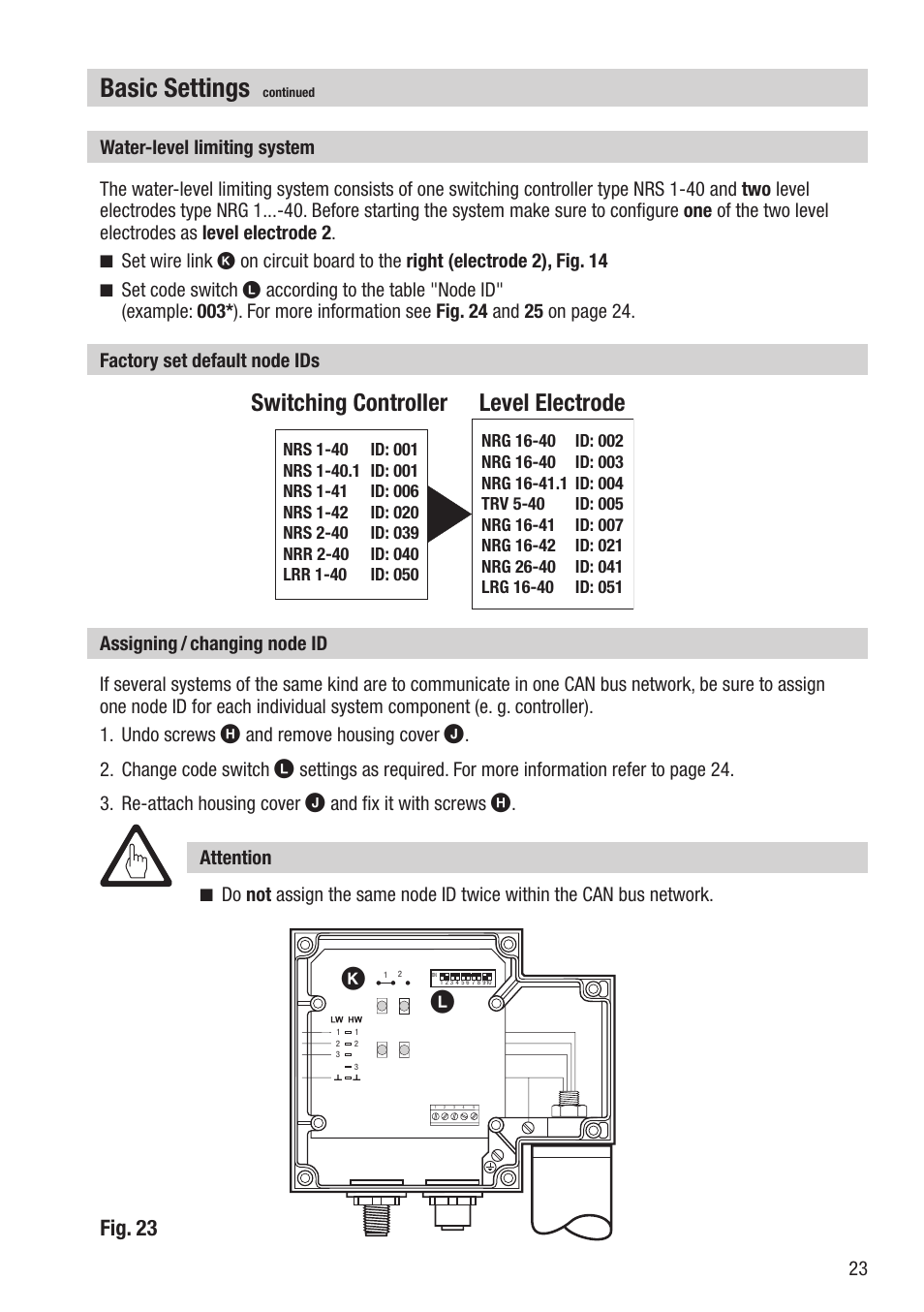 Basic settings, Switching controller level electrode, Fig. 23 | Flowserve NRG 16-40 User Manual | Page 23 / 28