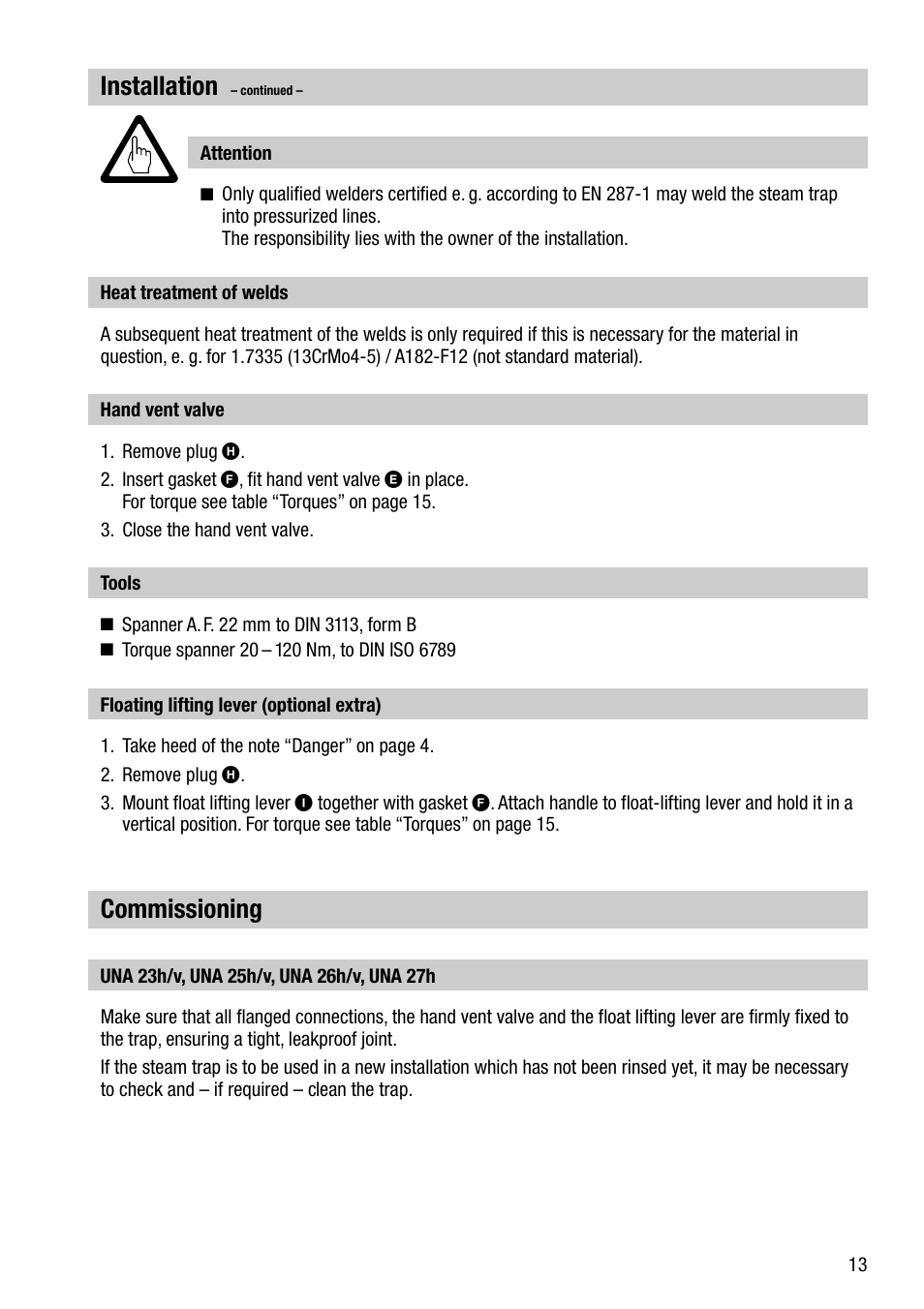 Installation, Commissioning | Flowserve UNA 23 User Manual | Page 13 / 24