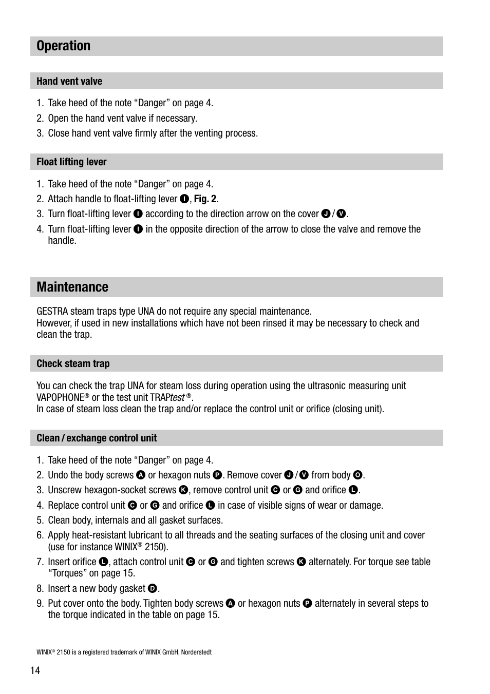 Operation, Maintenance | Flowserve UNA 23 User Manual | Page 14 / 24