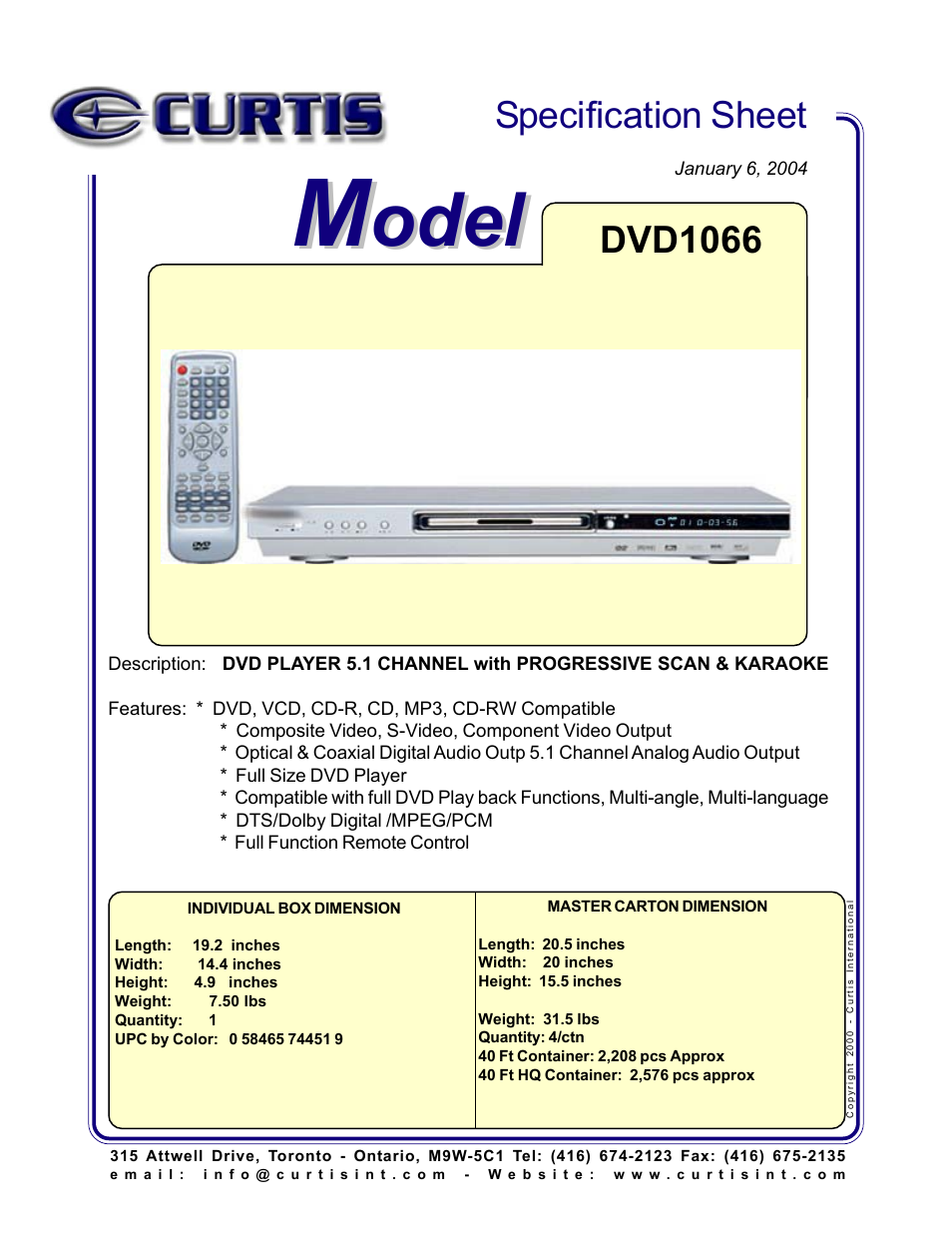 Curtis DVD1066 User Manual | 1 page