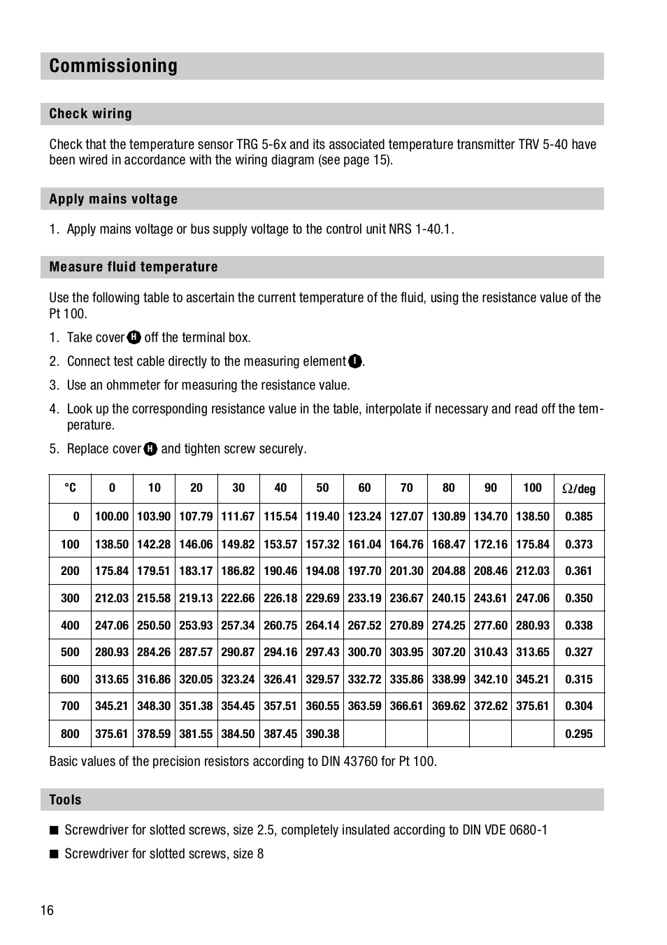 Commissioning, Check wiring, Apply mains voltage | Measure fluid temperature, Tools | Flowserve TRG 5-6x User Manual | Page 16 / 20