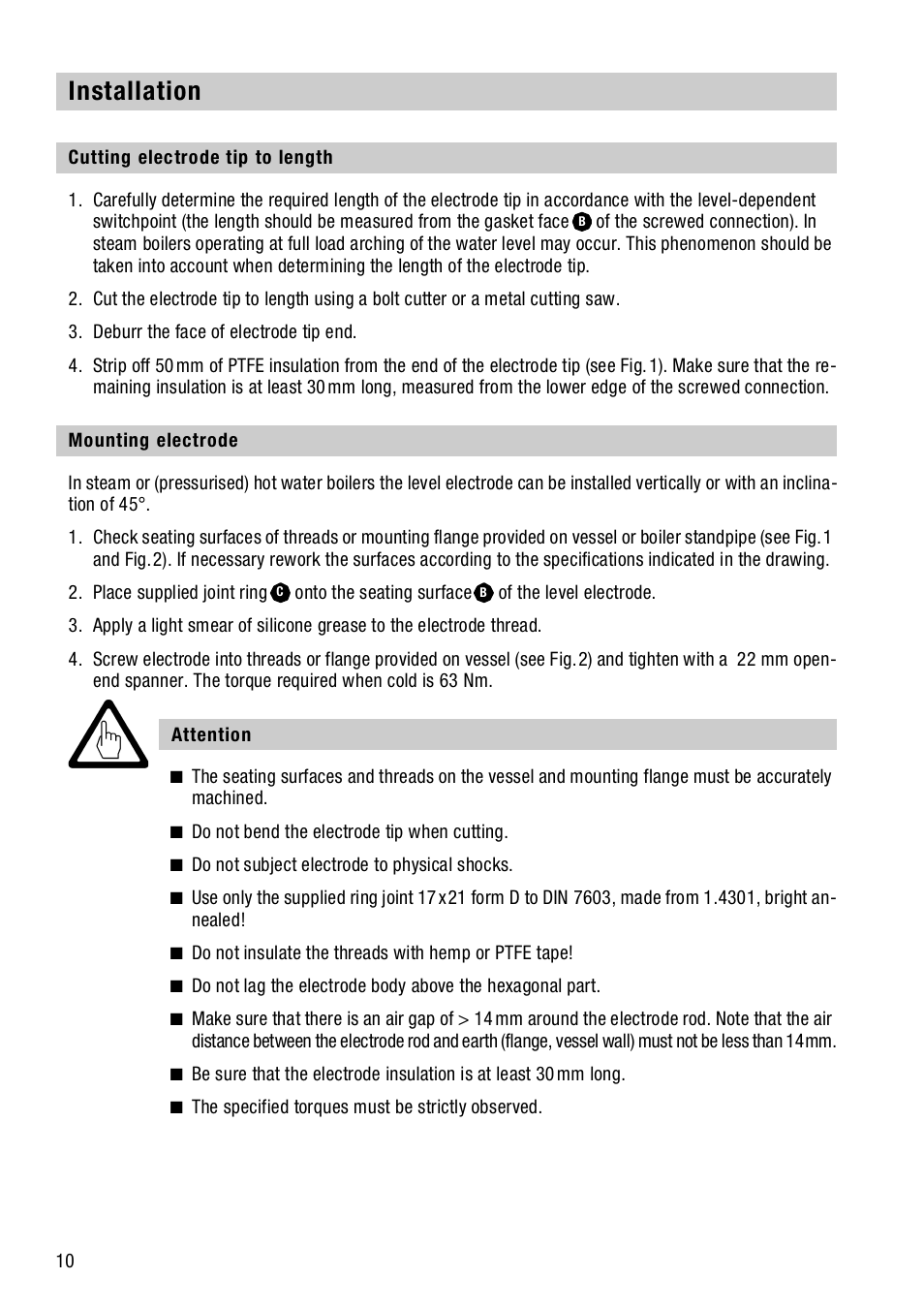 Installation, Cutting electrode tip to length, Mounting electrode | Cutting electrode tip to length mounting electrode | Flowserve NRGS 16-4 User Manual | Page 10 / 18