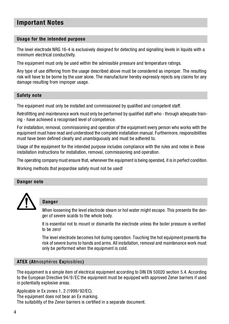 Important notes, Usage for the intended purpose, Safety note | Danger note, Atex (atmosphères explosibles) | Flowserve NRGS 16-4 User Manual | Page 4 / 18