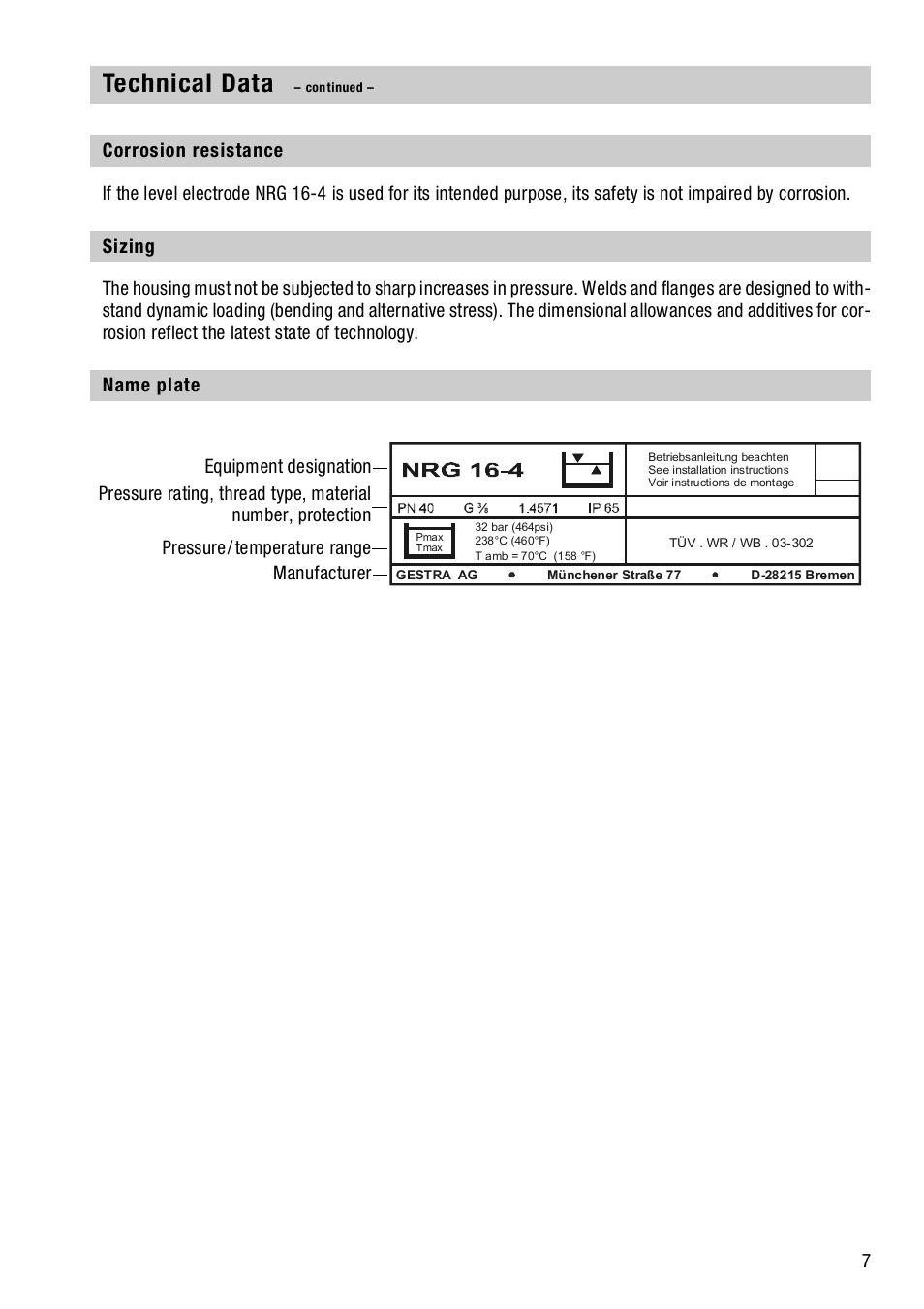 Corrosion resistance, Sizing, Name plate | Corrosion resistance sizing name plate, Technical data | Flowserve NRGS 16-4 User Manual | Page 7 / 18