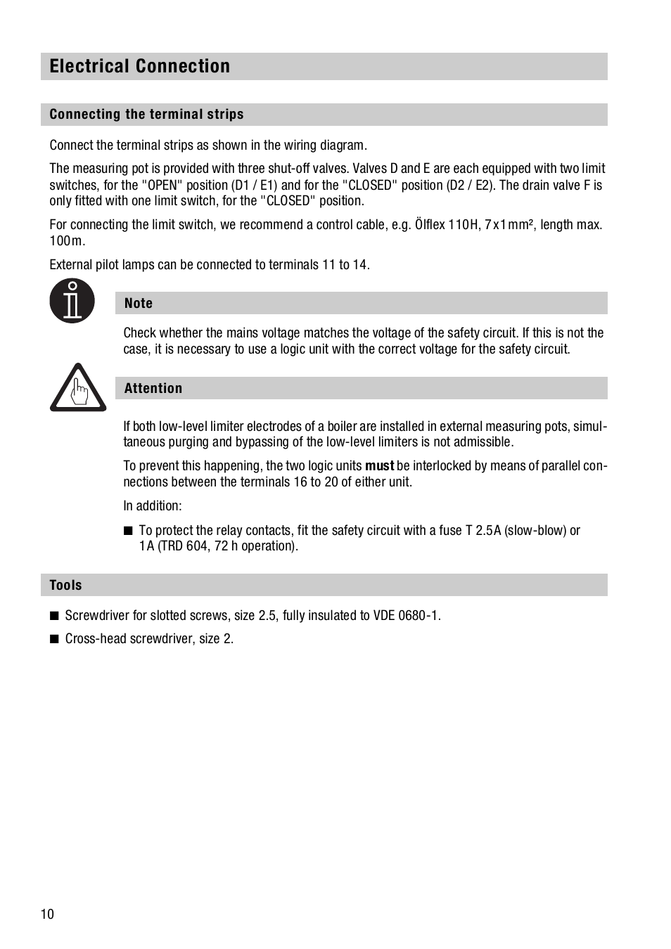 Electrical connection, Connecting the terminal strips, Tools | Connecting the terminal strips tools | Flowserve SRL63-A User Manual | Page 10 / 18