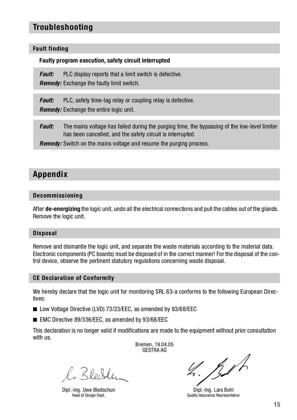 Troubleshooting, Fault finding, Appendix | Decommissioning, Disposal, Ce declaration of conformity | Flowserve SRL63-A User Manual | Page 15 / 18
