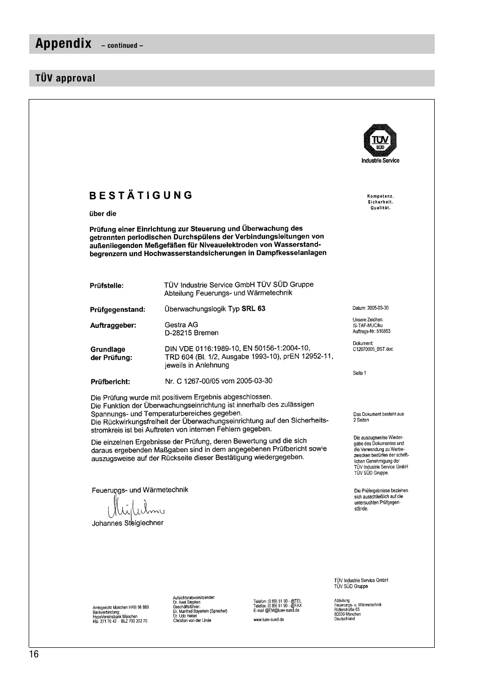 Tüv approval, Appendix | Flowserve SRL63-A User Manual | Page 16 / 18