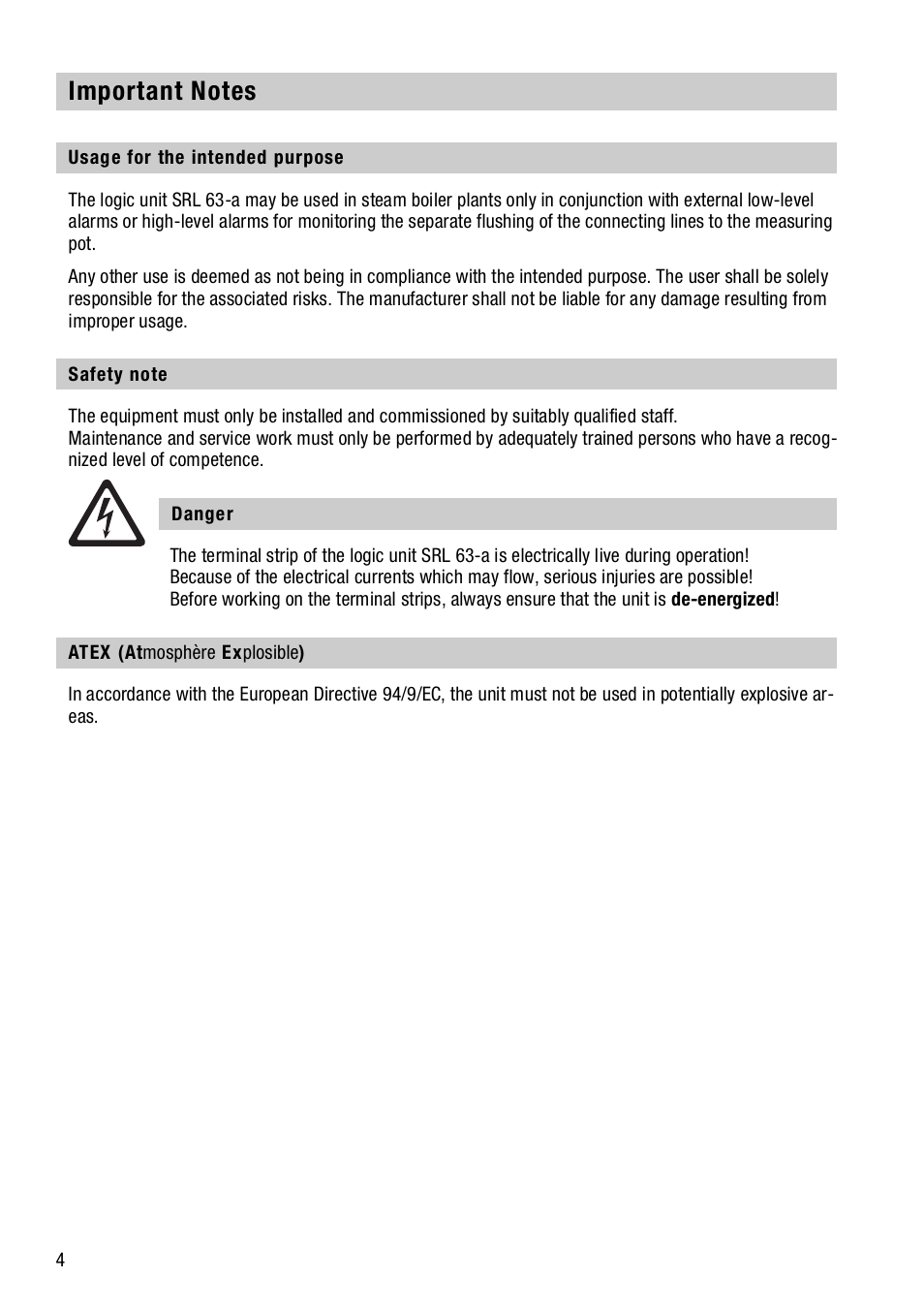 Important notes, Usage for the intended purpose, Safety note | Atex (atmosphère explosible) | Flowserve SRL63-A User Manual | Page 4 / 18