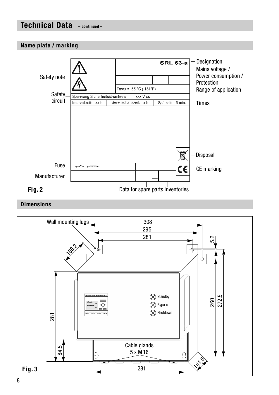 Name plate / marking, Dimensions, Name plate / marking dimensions | Technical data, Fig. 2, Fig. 3 | Flowserve SRL63-A User Manual | Page 8 / 18