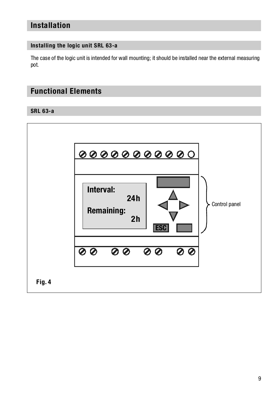 Installation, Installing the logic unit srl 63-a, Functional elements | Srl 63-a, Interval: 24h remaining: 2h | Flowserve SRL63-A User Manual | Page 9 / 18