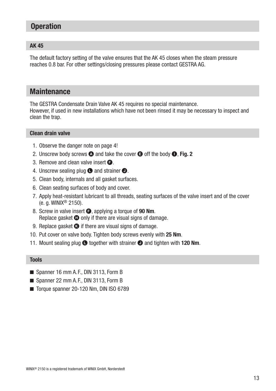 Maintenance, Operation | Flowserve AK 45 User Manual | Page 13 / 16
