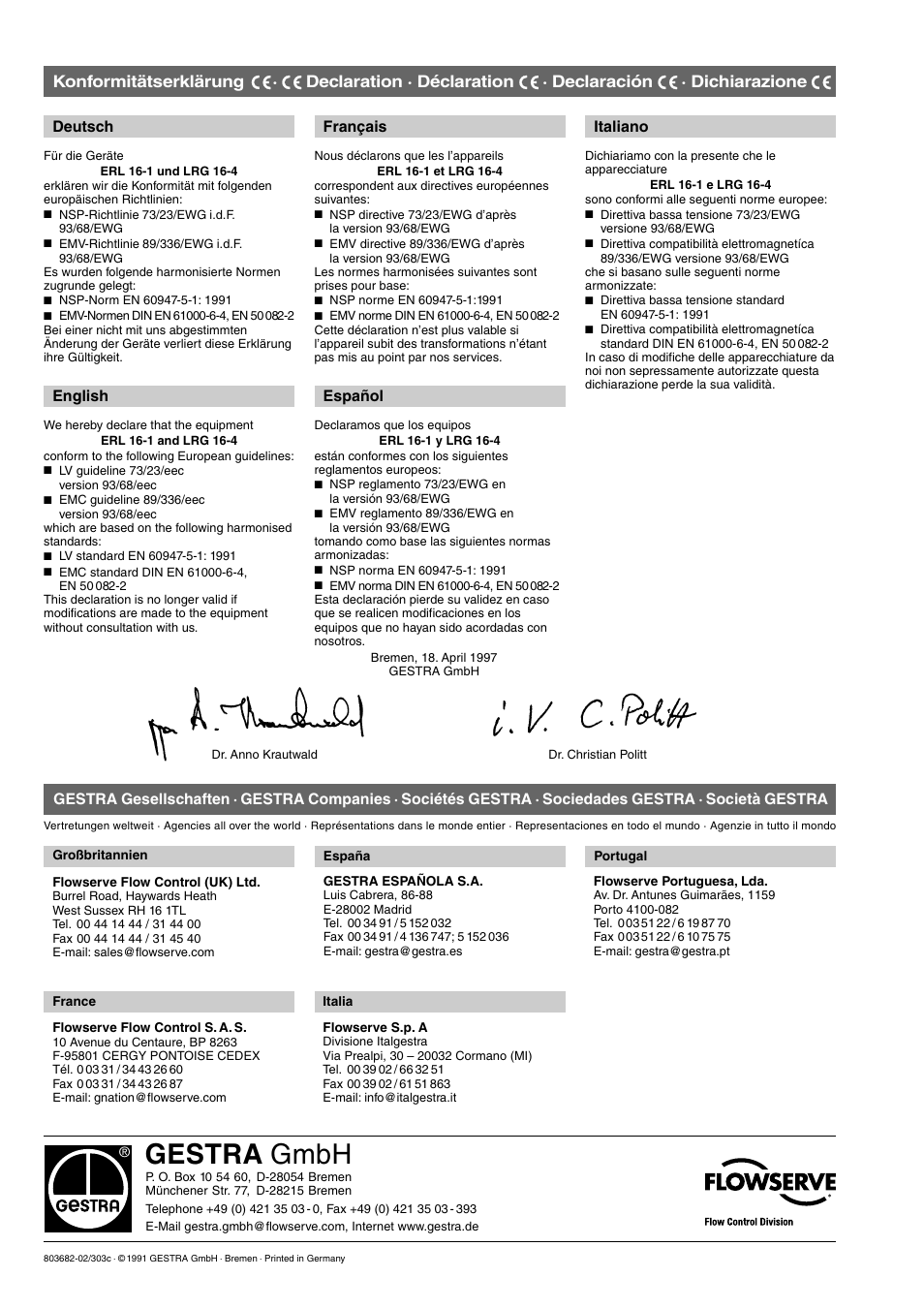Gestra gmbh, Deutsch, Français | English, Español, Italiano | Flowserve ERL 16-1 User Manual | Page 8 / 8