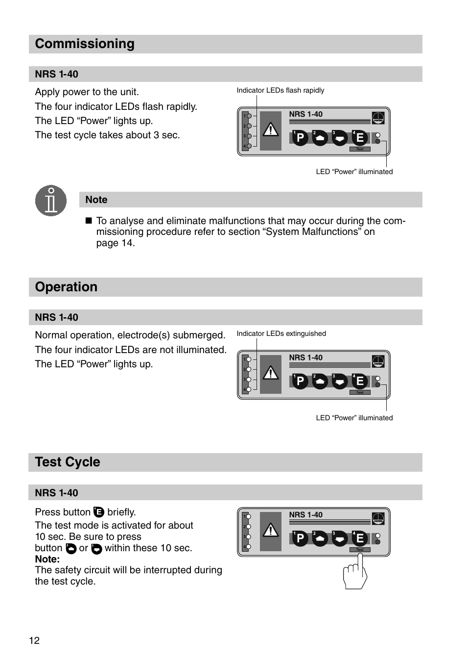 Commissioning, Operation, Test cycle | Flowserve NRS 1-40 User Manual | Page 12 / 32