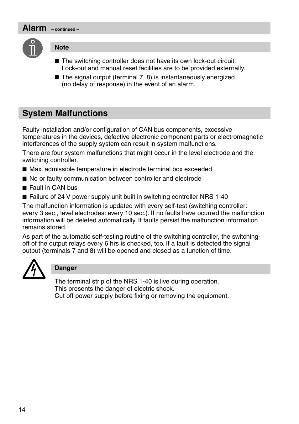 System malfunctions, Alarm | Flowserve NRS 1-40 User Manual | Page 14 / 32