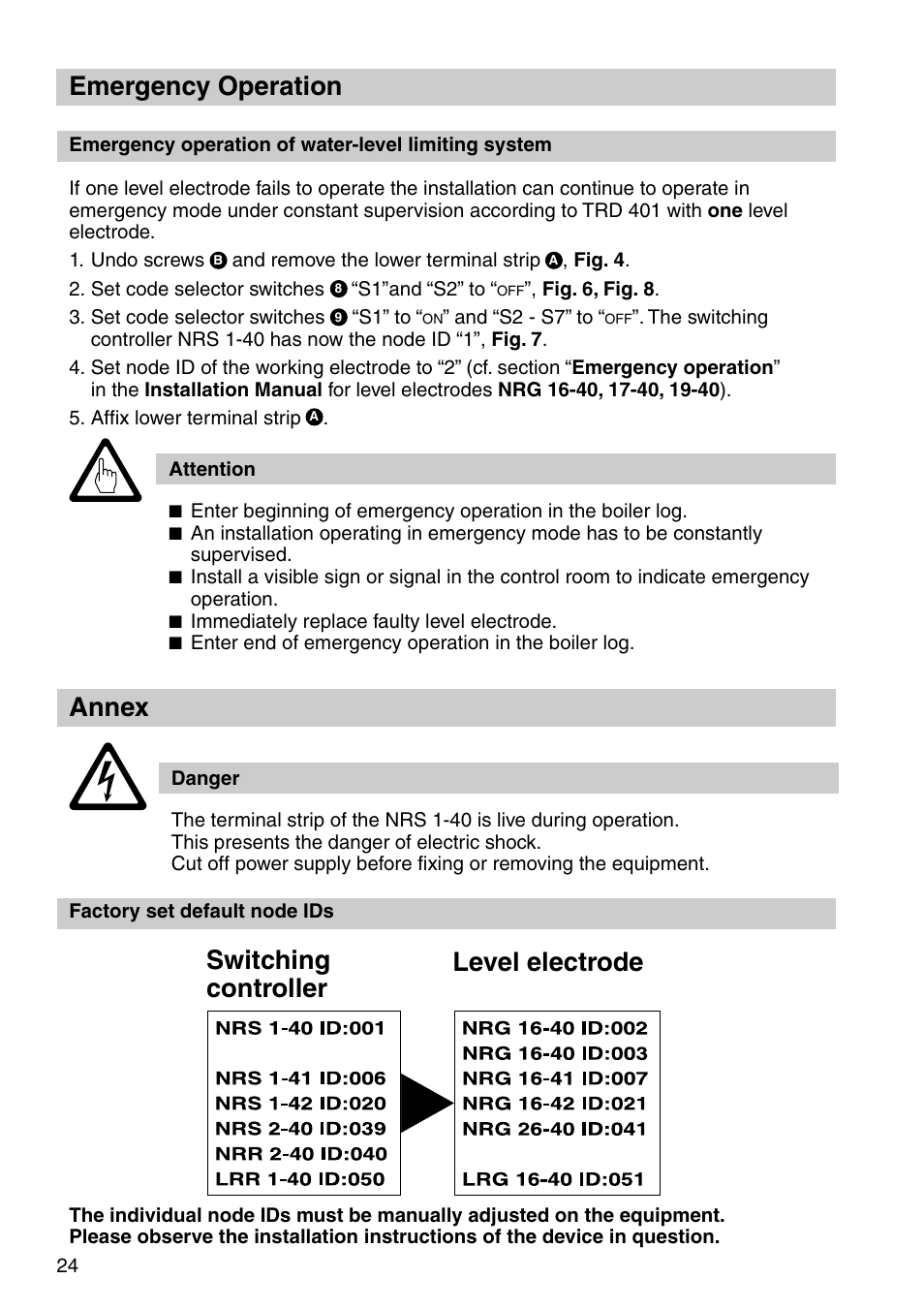 Annex, Switching controller level electrode, Emergency operation | Flowserve NRS 1-40 User Manual | Page 24 / 32