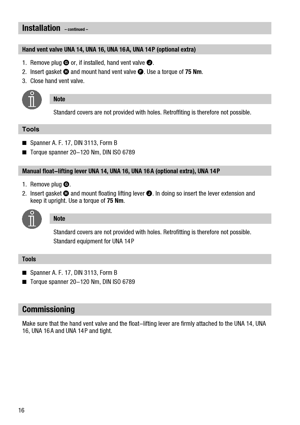 Installation, Commissioning | Flowserve UNA 14 User Manual | Page 16 / 20