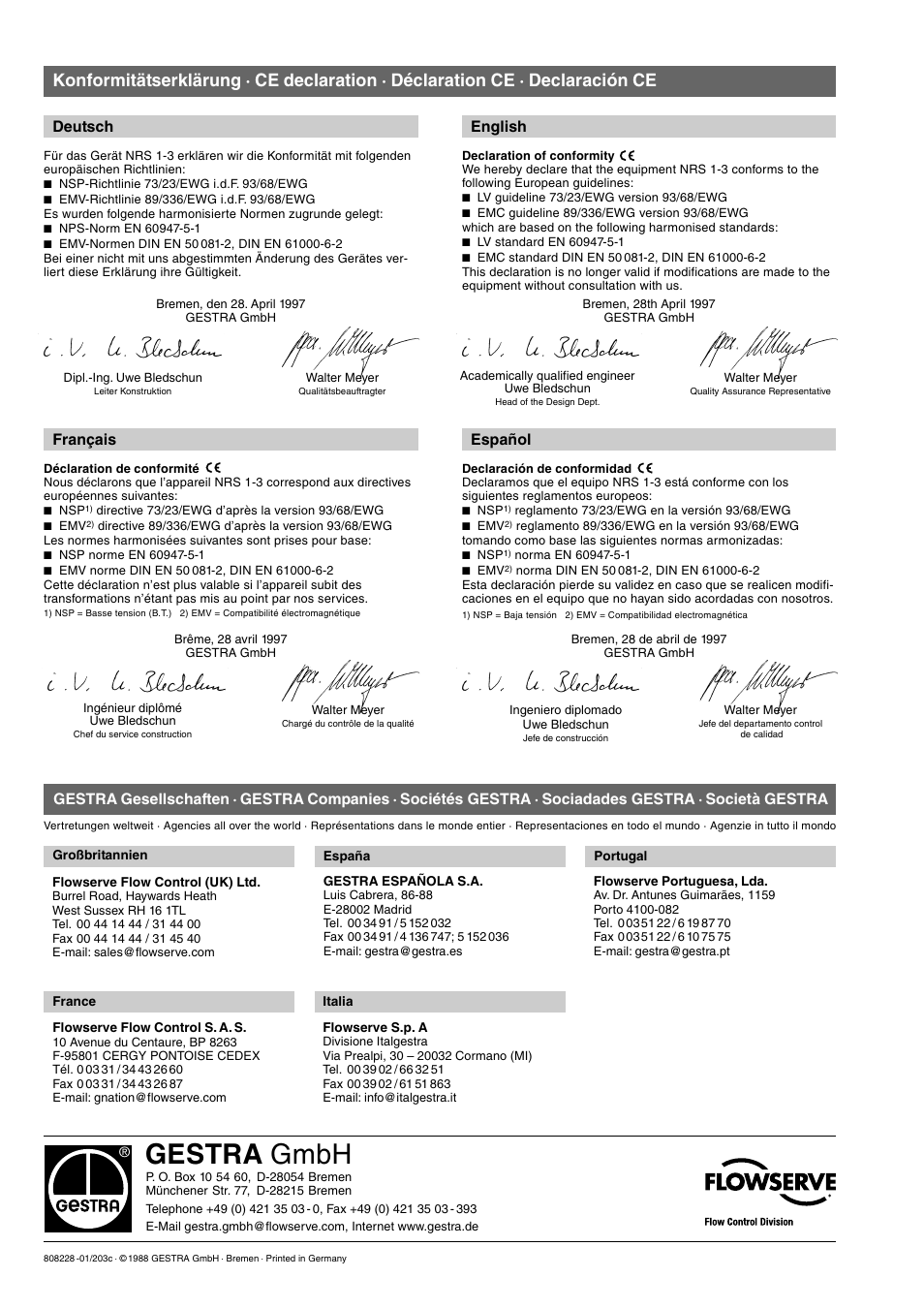 Gestra gmbh, Deutsch, English | Français, Español | Flowserve NRS 1-3b User Manual | Page 8 / 8