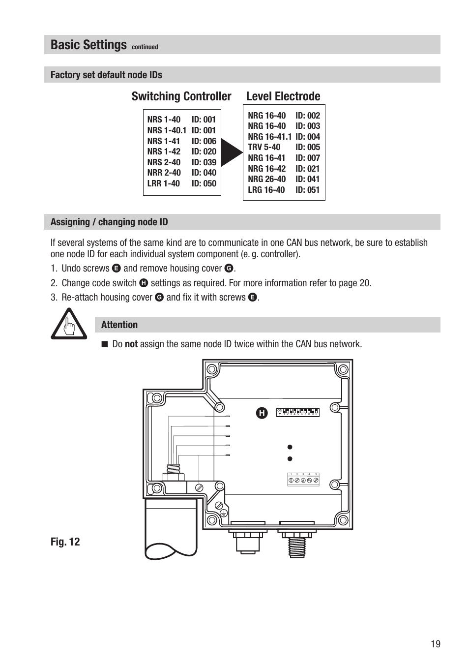 Hbasic settings, Switching controller level electrode, Fig. 12 | Attention | Flowserve NRG 16-42 User Manual | Page 19 / 24