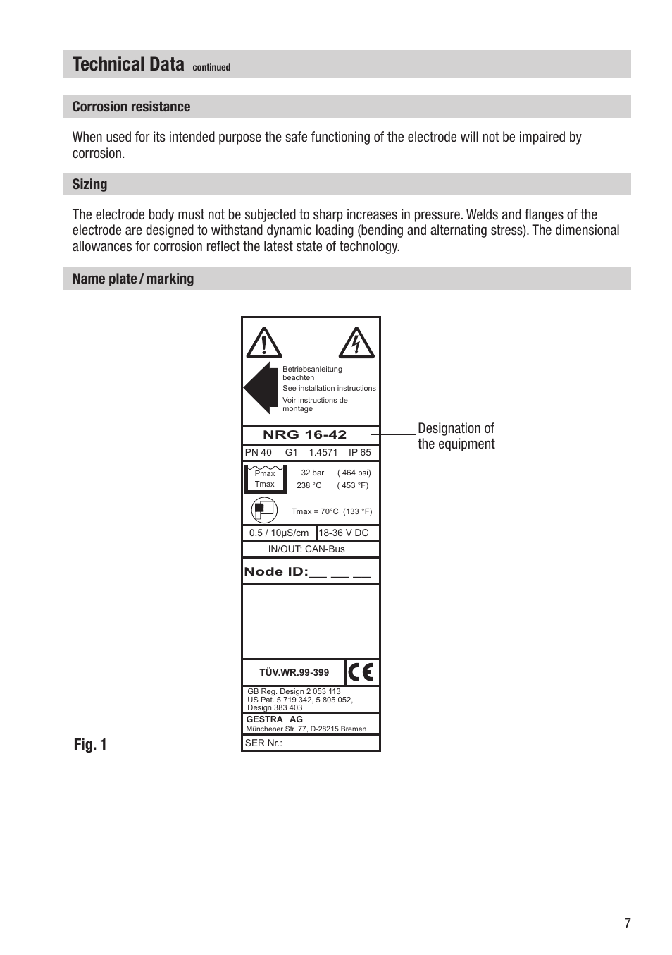 Technical data, Fig. 1, Designation of the equipment | Flowserve NRG 16-42 User Manual | Page 7 / 24