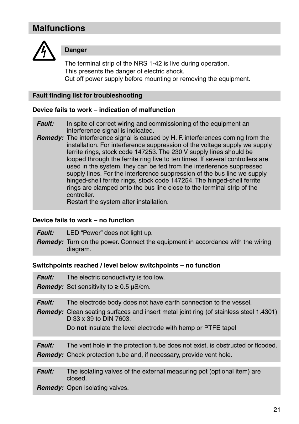 Malfunctions | Flowserve NRS 1-42 User Manual | Page 21 / 28