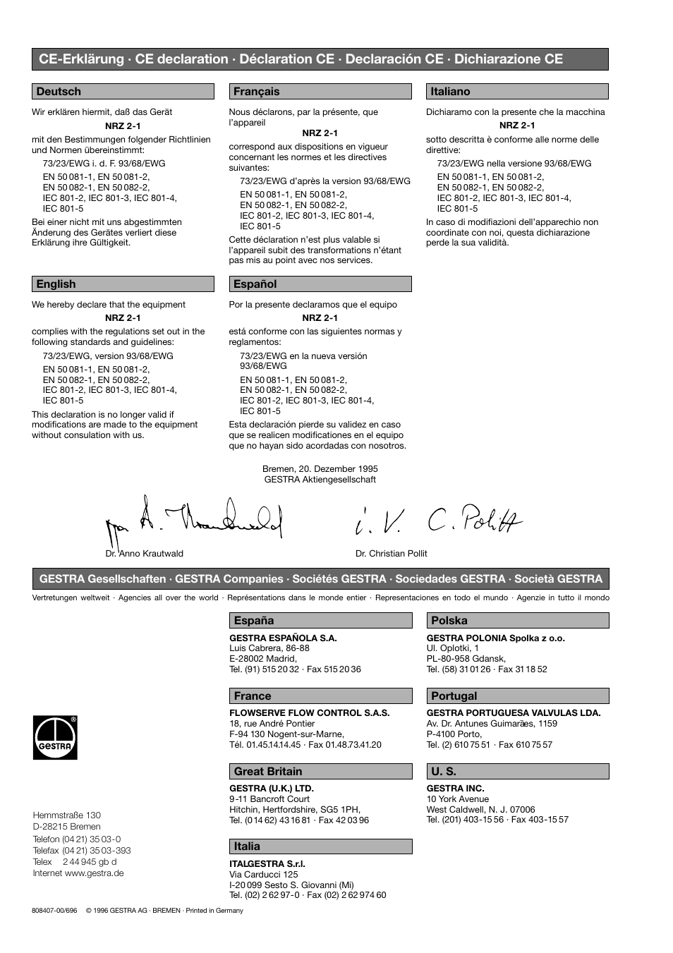 Deutsch english français italiano español | Flowserve NRZ 2-1 User Manual | Page 9 / 9