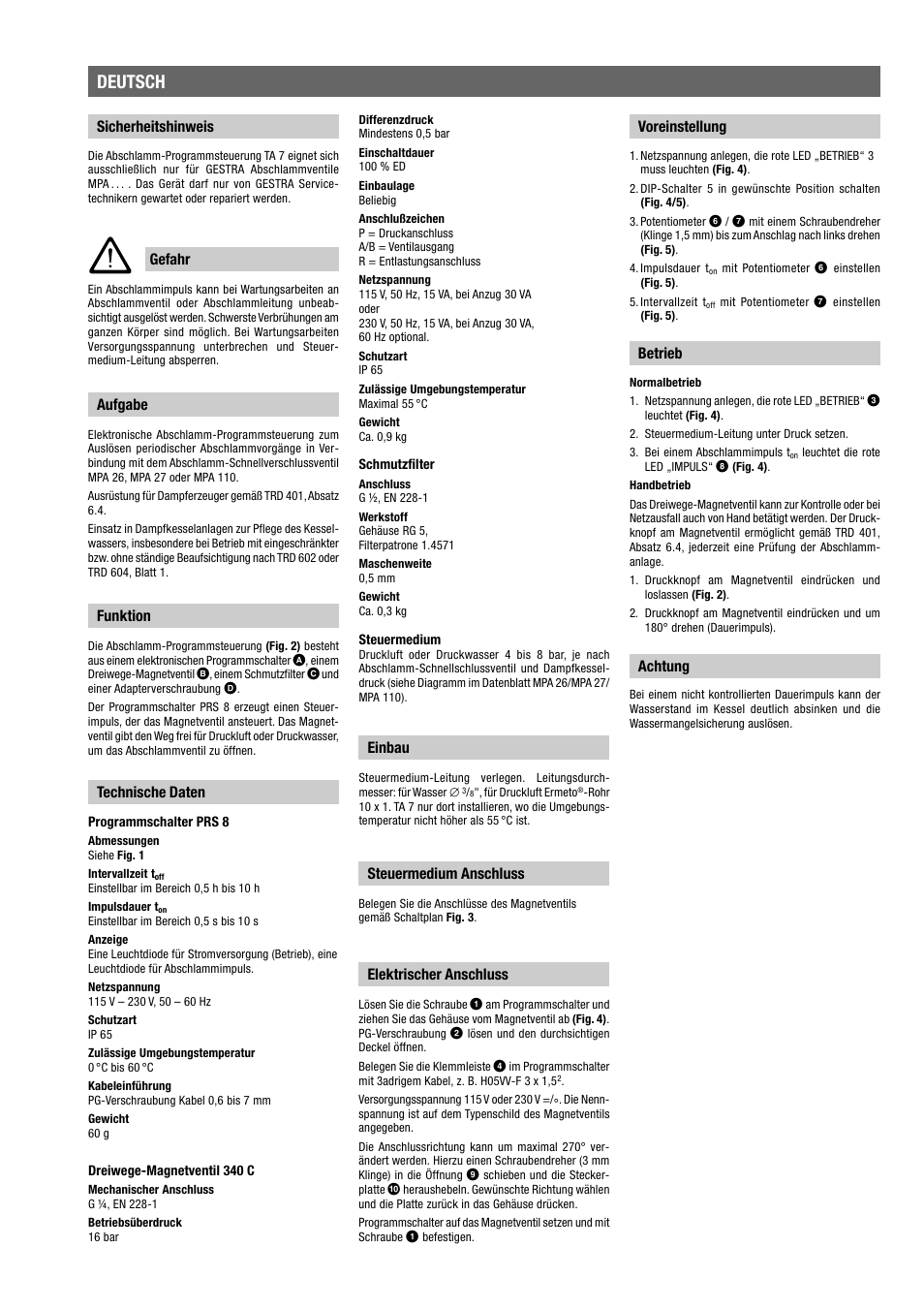 Deutsch, Sicherheitshinweis gefahr, Technische daten | Aufgabe, Funktion, Einbau, Steuermedium anschluss, Elektrischer anschluss, Voreinstellung, Betrieb | Flowserve TA 7 User Manual | Page 3 / 8